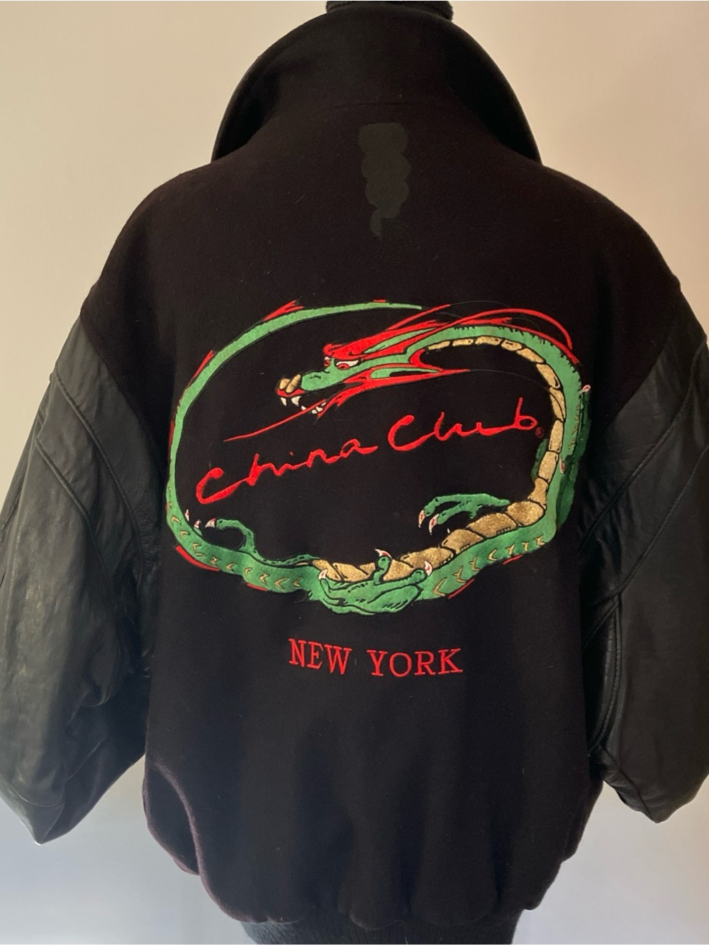 Rare Vintage 90s China Club New York Varsity Jacket - Leather & Wool Size L